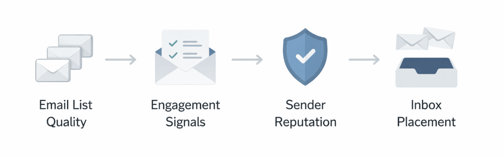 Diagram showing how email list quality and engagement signals improve sender reputation and inbox placement over time