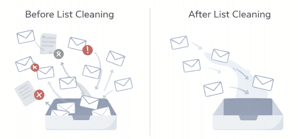 Diagram showing how email list cleaning improves deliverability by reducing bounces and improving inbox placement over time