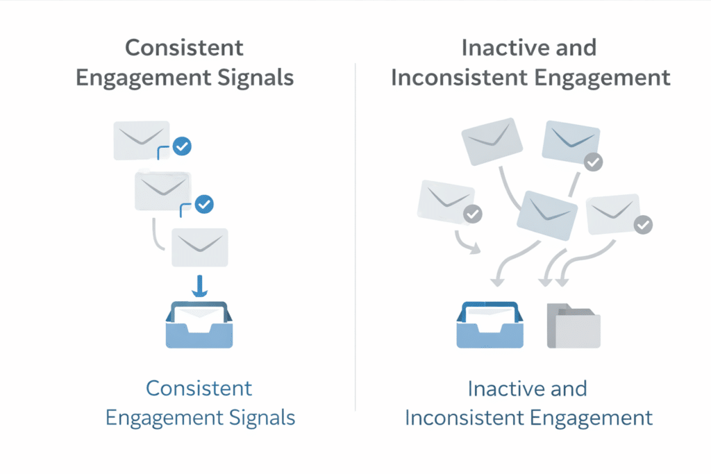 Diagram comparing consistent email engagement signals with inactive engagement and their impact on inbox placement